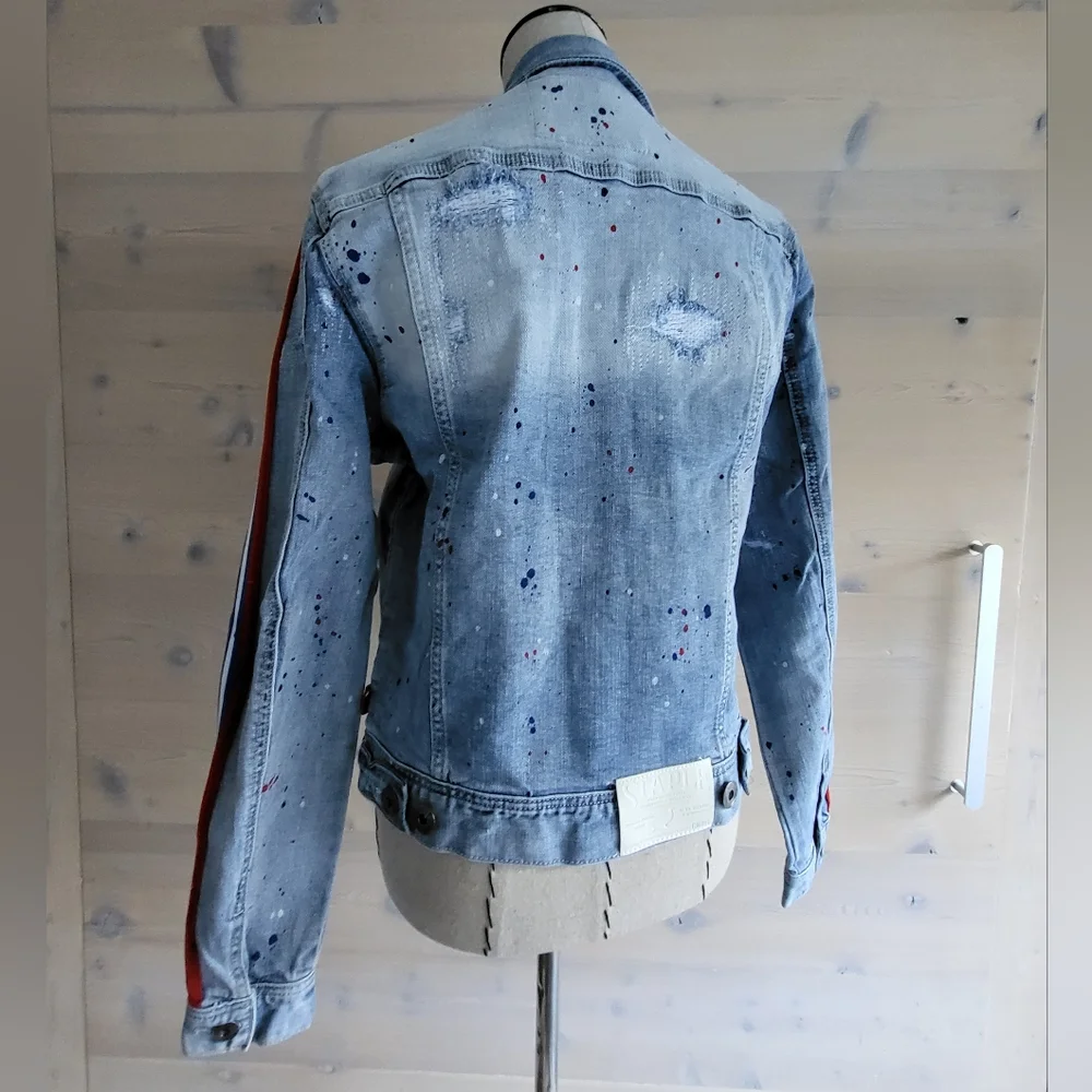 Jeff Staple Splatter Striped Distressed Denim Jean Jacket Unisex XS / W S-M, NWT